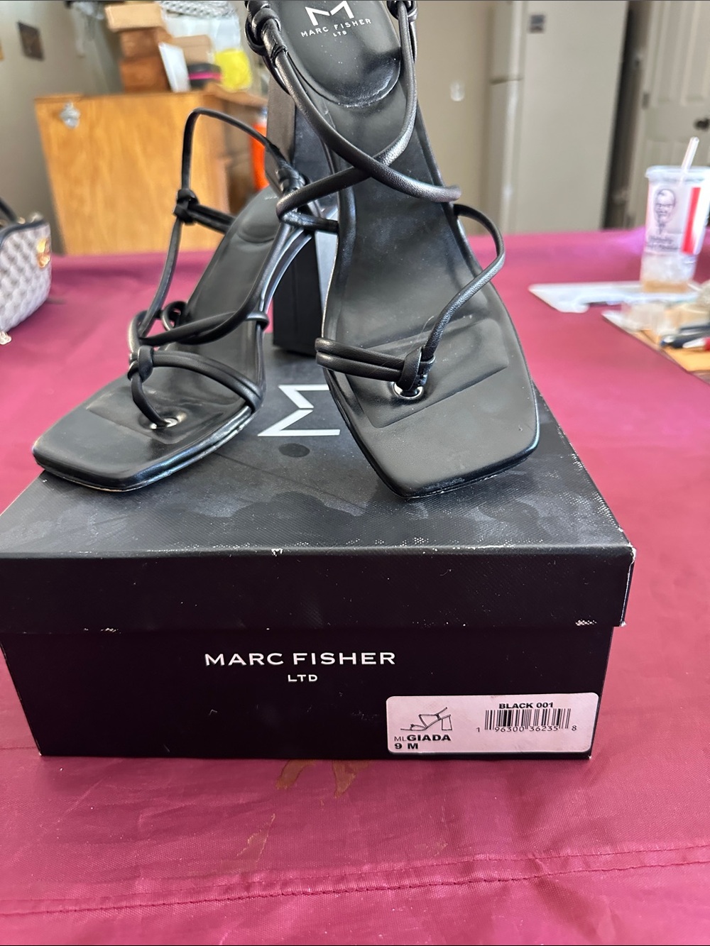 Marc Fisher Black Strappy Square-Toe Block Heel Sandals